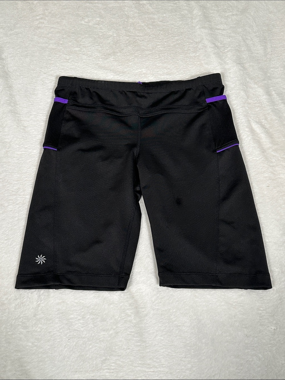 Athleta Black Presto Bermuda compression shorts with Purple Accent